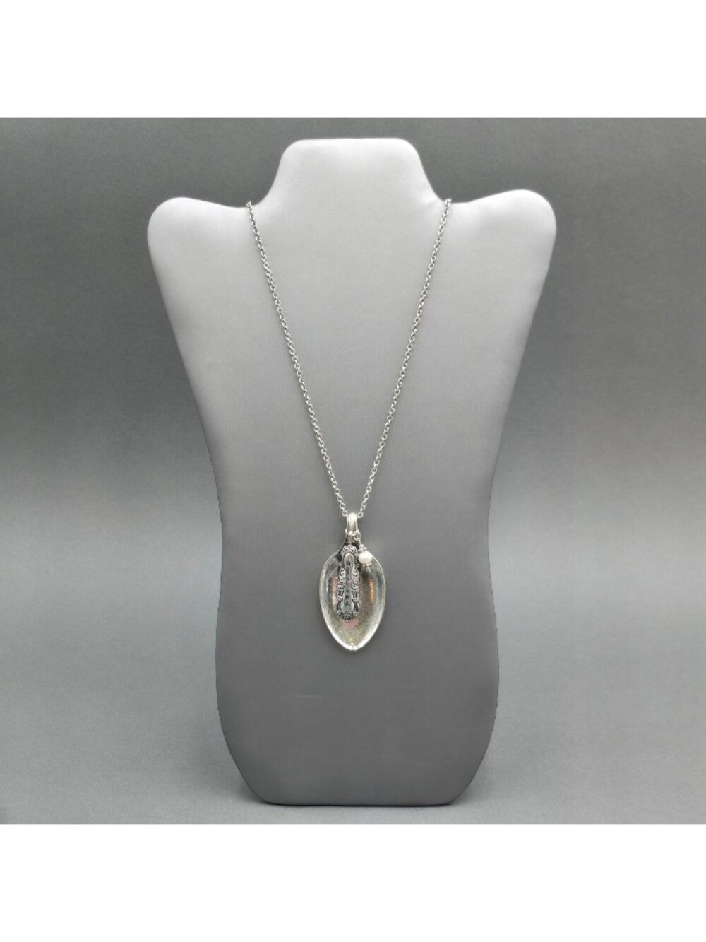 Vintage Blessed Spoon Pendant Necklace Silver Pearl Long Boho Statement Piece